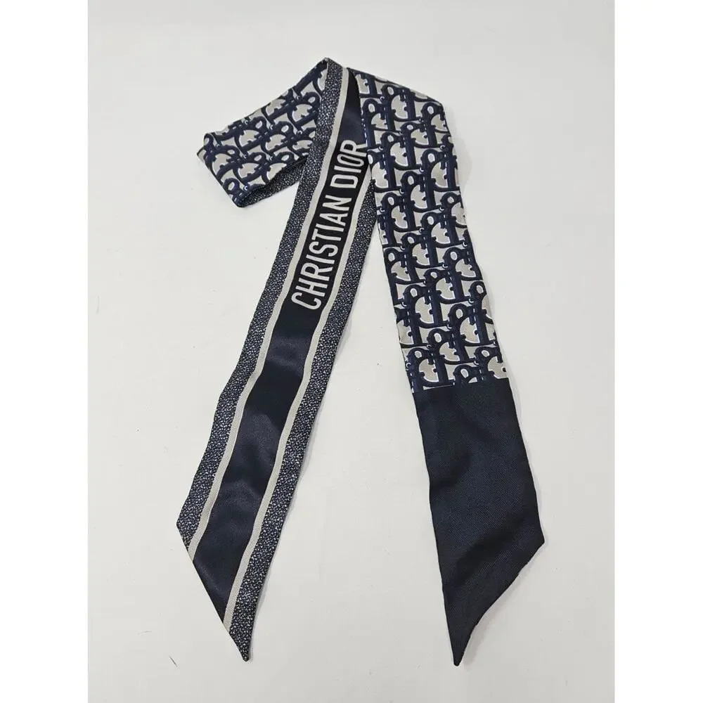 Christian Dior Blue CD Print Oblique silk skinny scarf